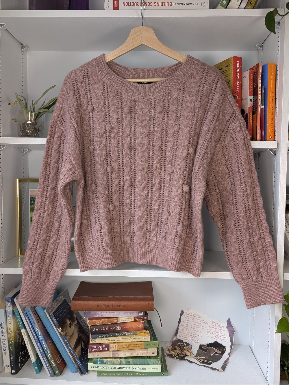 Mexx Women's Dusty Rose Cable Knit Sweater Bobbles Size Small Cozy Soft Girl
